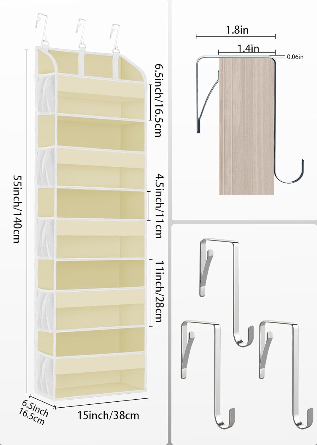 2 Pack Over The Door Storage Organizer with 5 Pockets 10 Mesh Pockets, 44 lbs Weight Capacity Door Hanging Organizers and Storage for Bedroom,Bathroom,Nursery,Kidroom,Babyroom