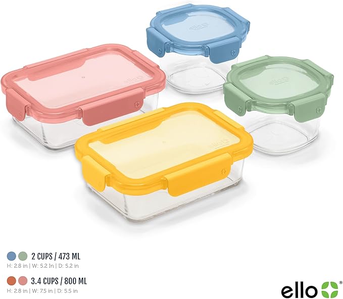 Ello Color Lock 8PC Mixed Glass Food Storage Sets, Leak-Proof Glass Food Storage Containers with Airtight BPA-Free Plastic Lids, Dishwasher, Microwave, and Freezer Safe, Desert Festival