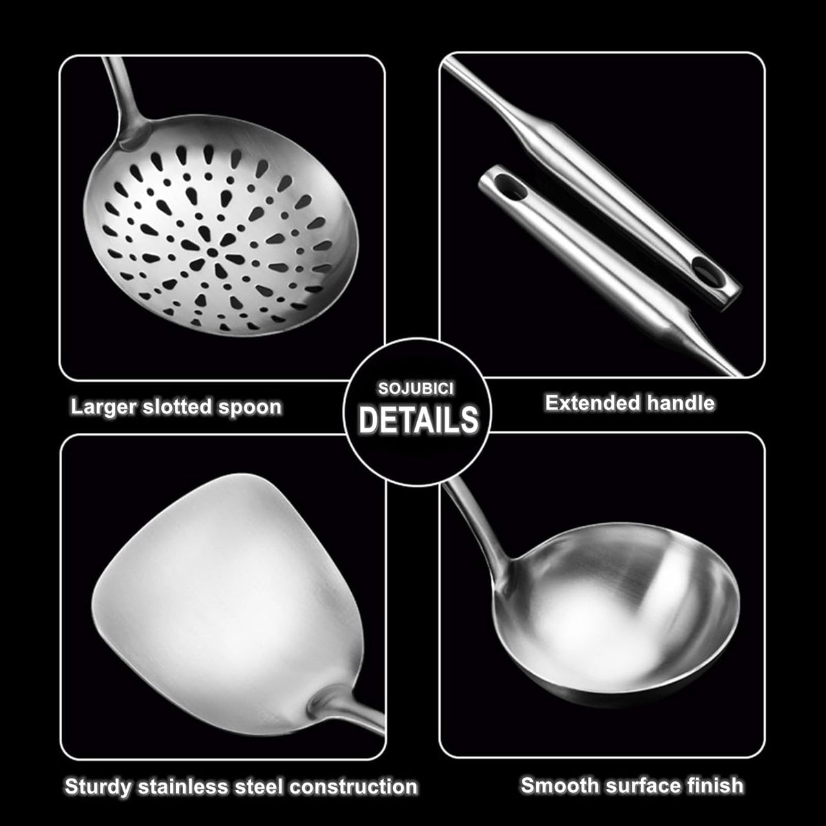 304 Stainless Steel Cooking Utensil Set 4-Piece Kitchen Utensils with Extra-Long Handles, Spatula,Ladle,Slotted Spoon,Slotted Spatula,One-Piece Construction, Ideal for Wok, Grilling, and Gifting