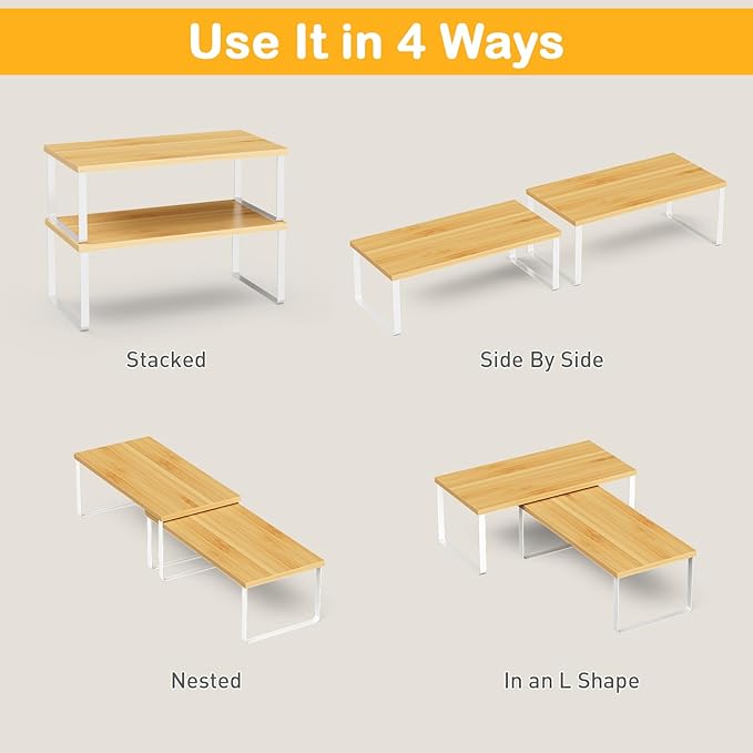 Cabinet Shelf Organizers, 15.7 inches Large Kitchen Counter Shelf, Set of 4 Wood Kitchen Pantry Organizer, Storage Shelves for Countertop, Spice Rack, Stackable, Expandable, Metal White, Nature
