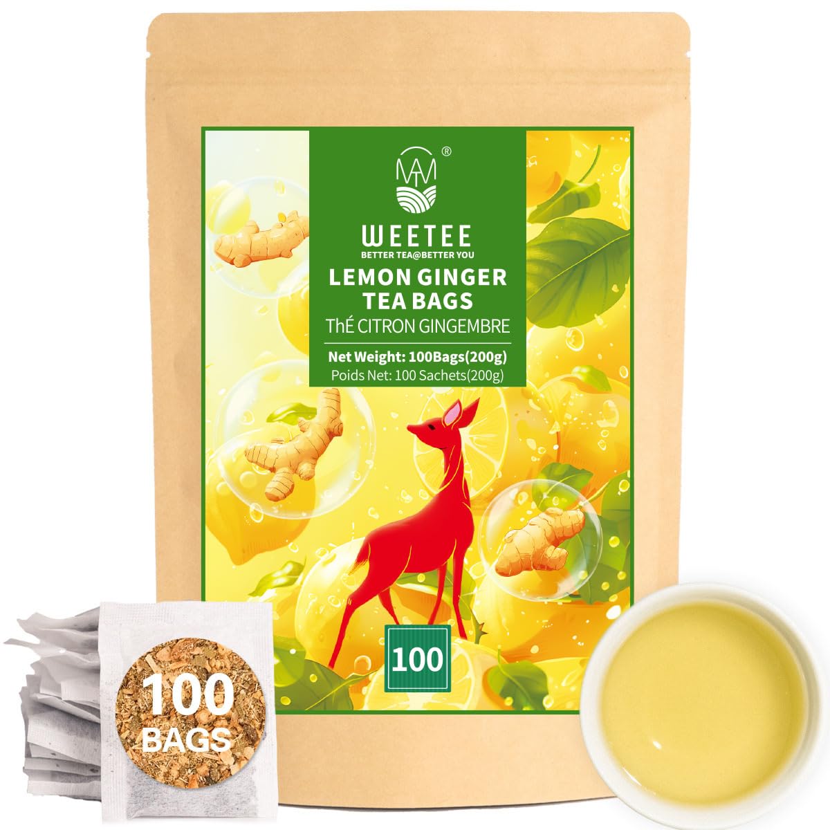 WT WEETEE Lemon & Ginger Herbal Tea, 100% Natural Ingredients, Made With Lemongrass, 100 Count Caffeine-Free Tea Bags