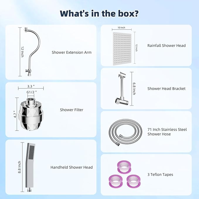 Hibbent All Metal 12'' Filtered Rainfall Shower Head Combo, High Pressure Handheld Shower Wand, 12'' Adjustable Curved Extension Arm, 20 Stage Shower Filter, 71'' Hose, Shower Head Holders, Chrome
