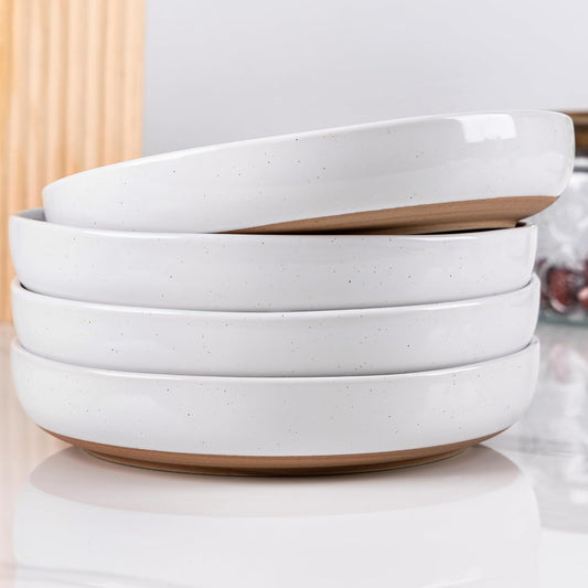 AmorArc 8.75'' Large Ceramic Pasta Bowls, 38oz Handpainted Stoneware Bowls Set of 4, Microwave&Dishwasher Safe Bowls with Rustic Terracotta Underside for Pasta Salad, White