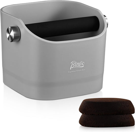 Bincoo Square Coffee Knock Box 0.8L –ABS Espresso Knock Bin with Non-Slip Base, Wide 4.6" Slanted Opening & Detachable Silicone Knock Bar for Easy Cleaning and Quiet Use(Gray(square))