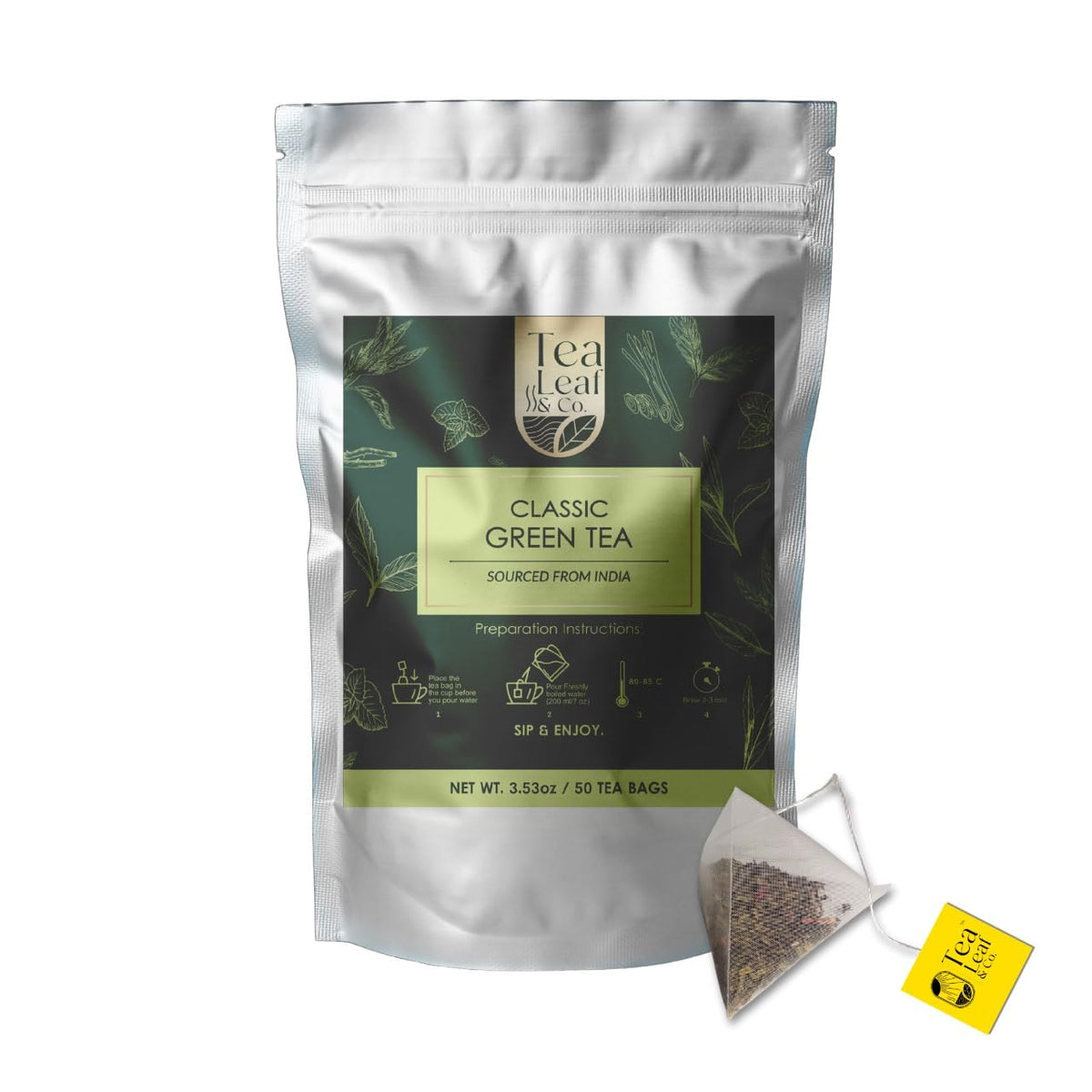 Classic Green Tea Bags (3.53oz/100gm), Loose Leaf 50 Pyramid Teabags, Blended with Fresh Herbs and Spices, Organic Herbal Tea, Low Caffeine Gluten Free