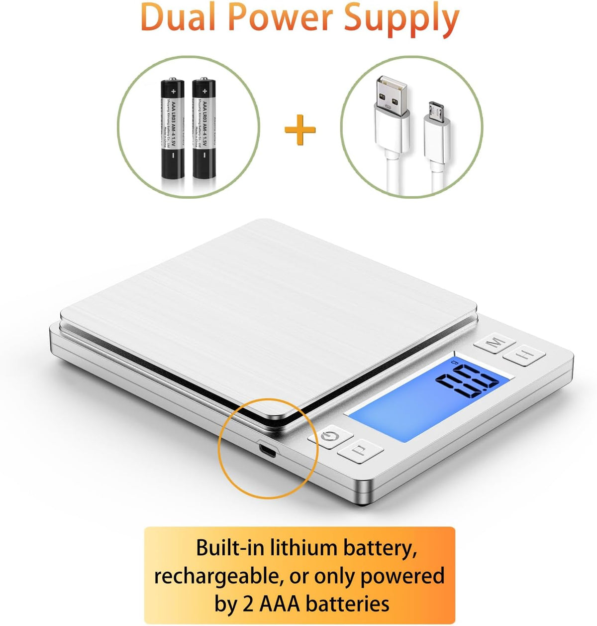 BOMATA Upgraded Small Food Scale, 0.1 g/0.001 oz High Precision, 3000 g/6.6 lb, with New Hold Function and Larger Display, USB Rechargeable, Digital Kitchen Scale for Small Item, Jewelry. Sliver