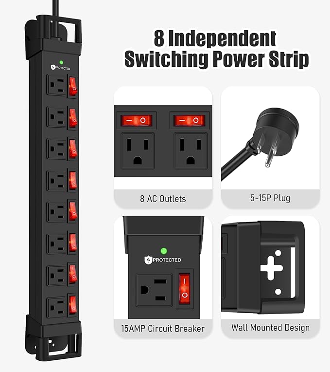 Heavy Duty Power Strip with Individual Switches,8 Outlets 14 Gauge Industrial Shop Garage Metal Multiple Outlets,1200J Surge Protector Mountable Power Strip (Black, 25 FT)