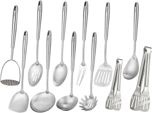 18/10 Stainless Steel Kitchen Utensils Set - 12 PCS All Metal Cooking Tools & 15″ Serving Utensils - Potato Masher, Meat Fork, Tongs, Turner, Pasta, Serving Spoon, Skimmer, Ladle, Spatula Spoon Set