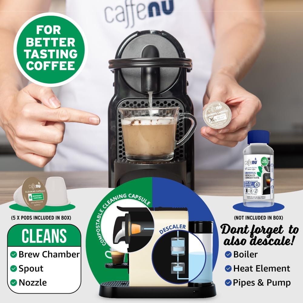 Nespresso Compatible Cleaning Pods. 5 Eco Cleaner Capsules. Improved Coffee Flavour. For Nespresso Originaline, Use with Descaling Kit.