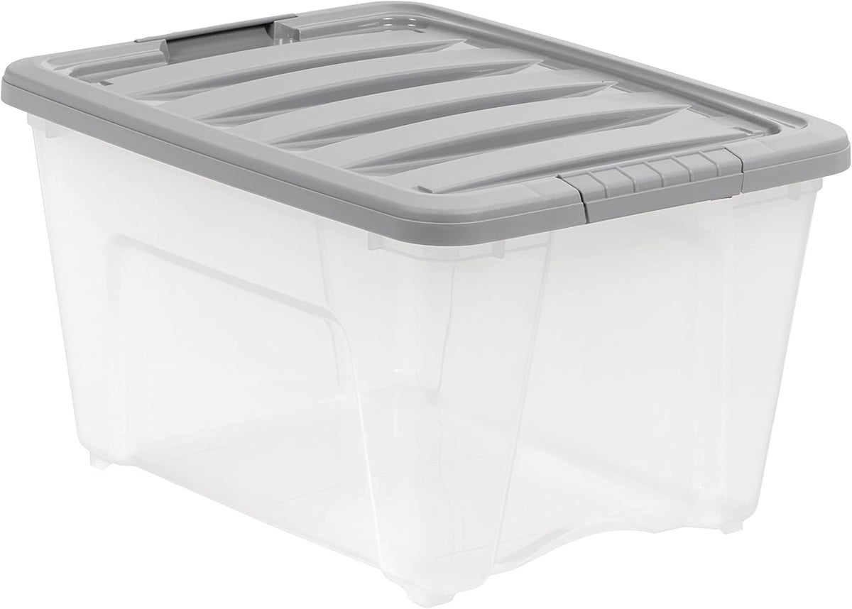 Amazon Basics Plastic Storage Containers with Secure Latching Lids, Stackable Organization Bins, 32 Quart, Set of 6, Clear/Grey