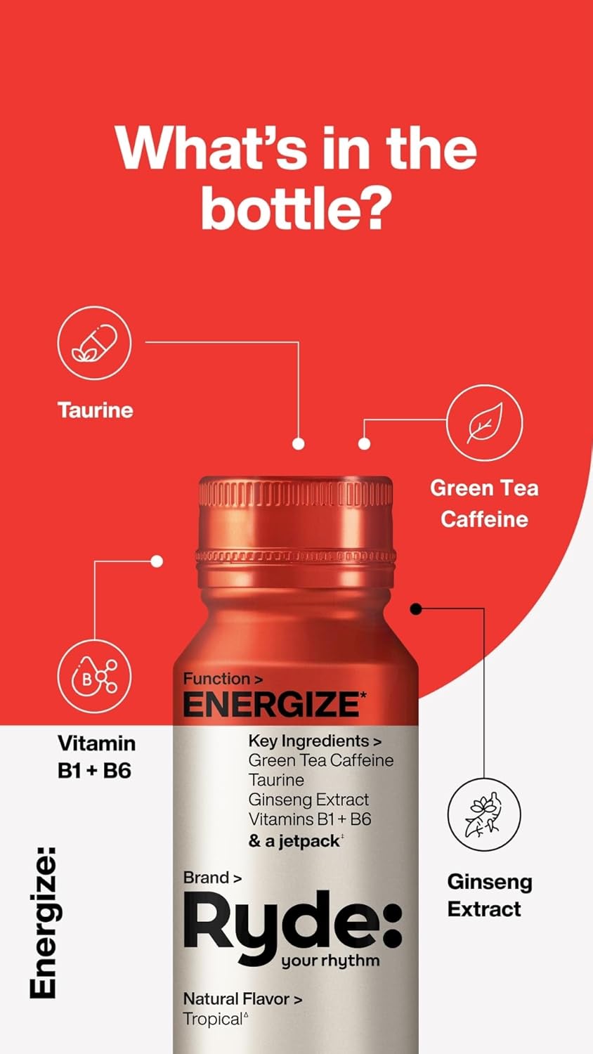 Ryde: Discovery Pack | Energize, Focus & Relax Shots | Green Tea Caffeine, Taurine, Ginseng, B Vitamins, L-Theanine, Lemon Balm, Chamomile | 0 Calories, 0 Sugar | Variety Pack – Try Them All (24 Pack)
