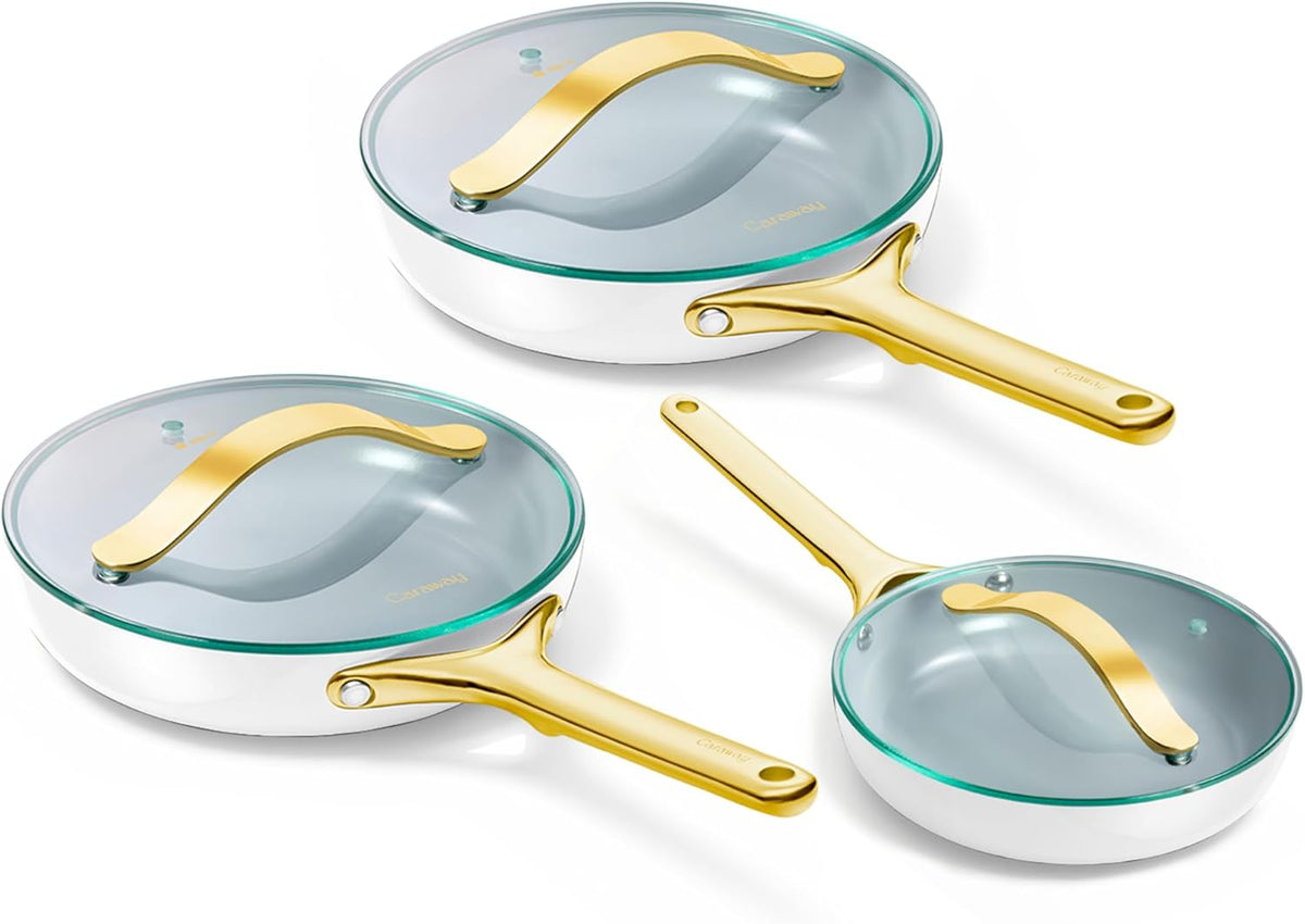 Caraway Ceramic Nonstick Fry Pan Set with Glass Lids – Includes Two 10.5” Fry Pans, One 8” Fry Pan, & Three Lids - Non Toxic, PTFE & PFOA Free - Oven Safe & Compatible with All Stovetops - White