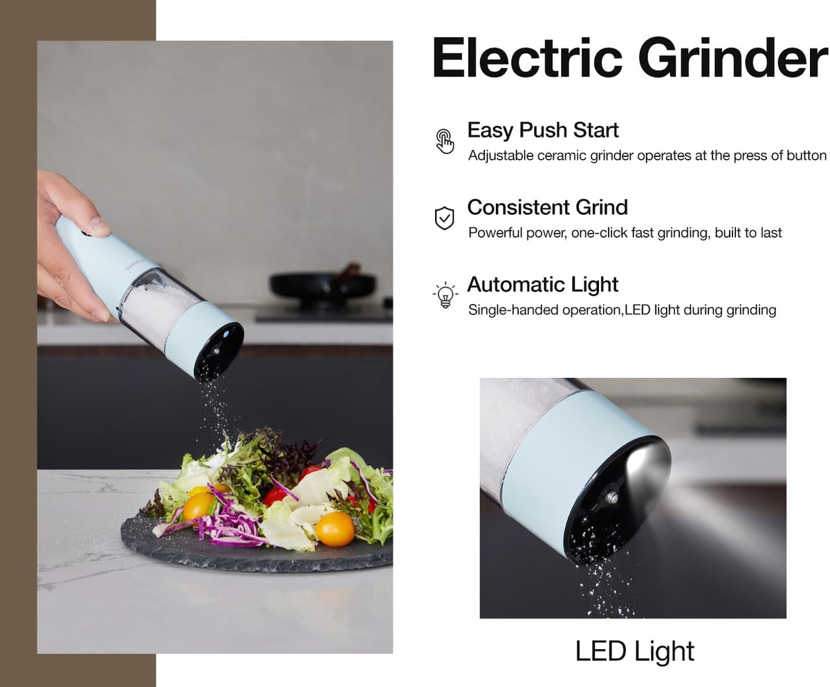 Electric Pepper Grinder and Salt Mill Set - Large Capacity USB Rechargeable Automatic Grinder with Dual LED Lights, One-Handed Operation & Slide Cover - Brushed Stainless Steel