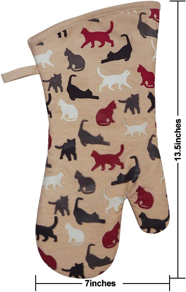RED LMLDETA Oven Mitts Gloves 1 Pair Heat Resistant 480 ℉ Non Slip Clear Silicone Printed Comfortable Cotton Lining Kitchen Women Men Cooking Barbecue Microwave Machine Washable (Cat, Khaki Mittens)