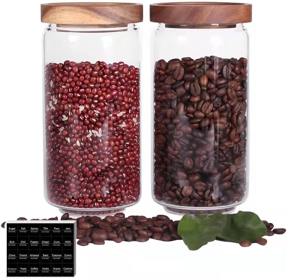SAIOOL Home Borosilicate Glass Kitchen jars/Canisters with Acacia Wood Airtight Lid Set-2 Pack 30Oz/900ml,Minimalist Preprinted Farmhouse Style. White Matte Sticker Black Text.