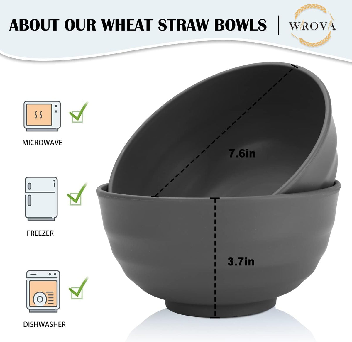 Wheat Straw Bowls Set 60 OZ Unbreakable Large Cereal Bowls Set of 6 Microwave and Dishwasher Safe Bowls Big Bowls for Apartment and Dorm BPA Free Soup Bowl for Serving Oatmeal and Salad (Deep Gray)