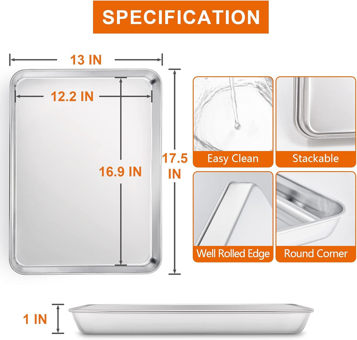 Large Baking Sheet, E-far 18”x13” Stainless Steel Cookie Sheet Pan for Oven with 50 Parchment Paper, Rectangle Metal Baking Tray for Roasting, Rust Free & Heavy Duty, Dishwasher Safe-2 Pack