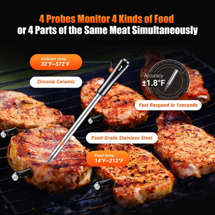 4-Probe WiFi Wireless Meat Thermometer with 360°Readable LCD Standalone Base, WiFi and Bluetooth 5.3 Unlimited Range, IPX8 Waterproof Food Kitchen Thermoemter for BBQ, Grill, Smoker, Oven, Rotisserie