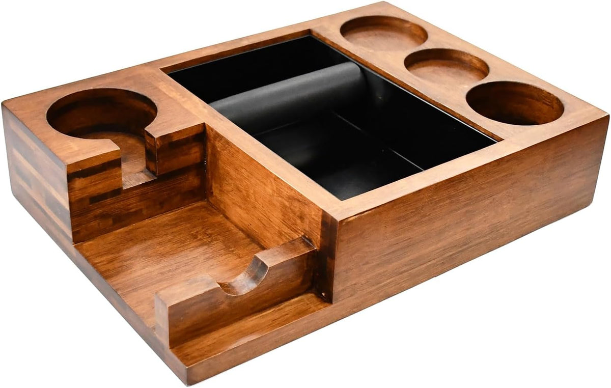 13.4'' Large Espresso Knock Box and Tamping Station, Solid Wood Espresso Accessories Organizer Box for 51MM-58MM Tamper, Distributor, Portafilter, High-Capacity Espresso Coffee Organizer