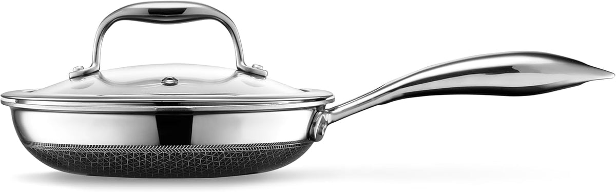 HexClad Hybrid Nonstick 7-Inch Frying Pan with Tempered Glass Lid, Stay-Cool Handle, Dishwasher-Friendly, Oven-Safe Up to 900°F, Induction Ready, Compatible with All Cooktops