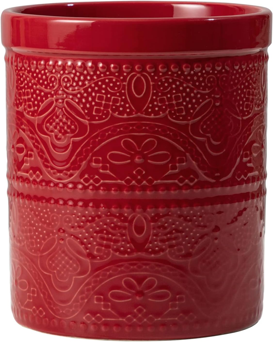 FUN ELEMENTS Kitchen Utensil Holder, 7.2" Super Large Utensil Crock Heavy and Stable Lace Emboss Ceramic Utensil Holder for Kitchen Counter (Christmas Red)
