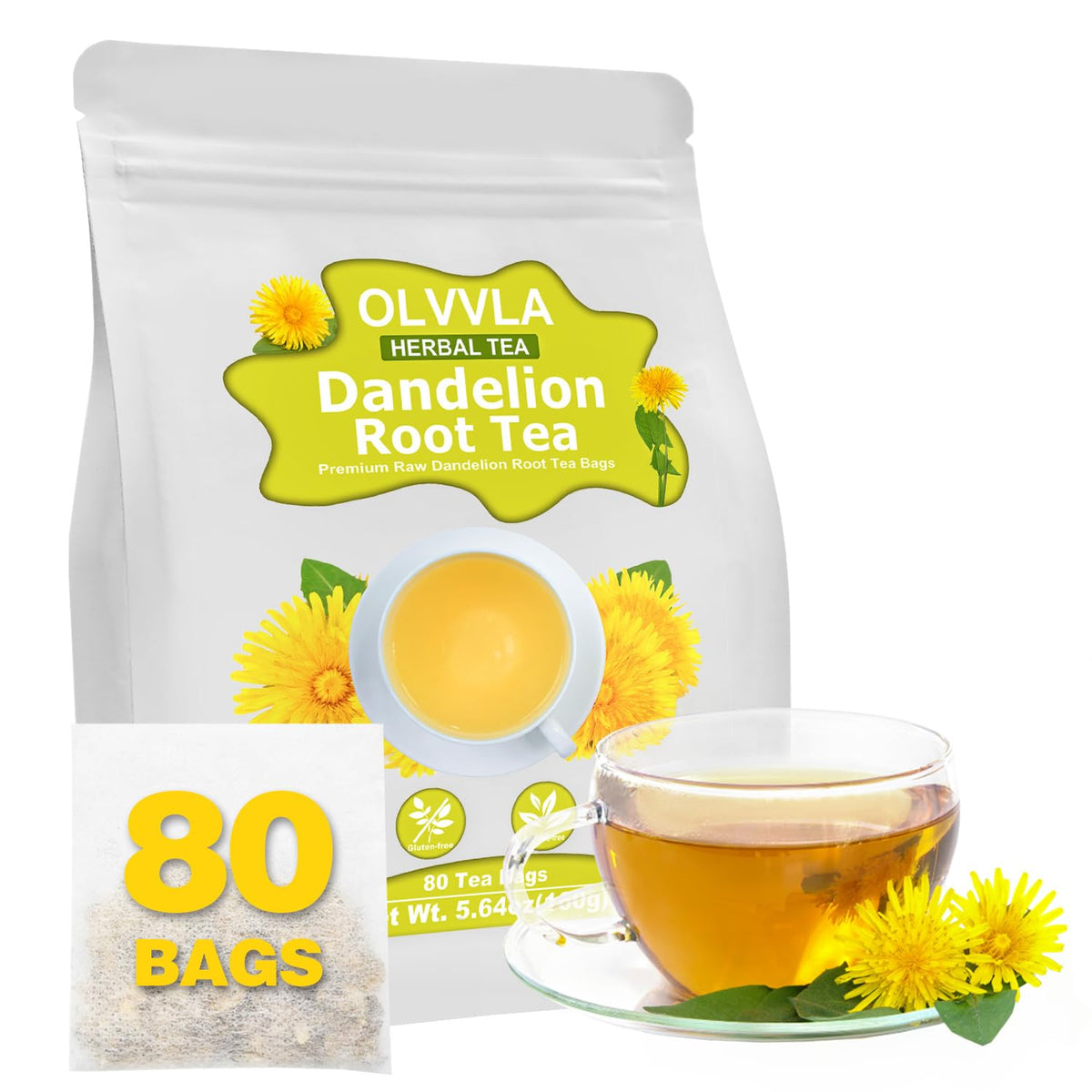 Olvvla - Dandelion Root Tea Bags - 2g X 80 Count - Premium Raw Dandelion Root - Caffeine-free - Non-GMO - Support Digestion & Cleanse
