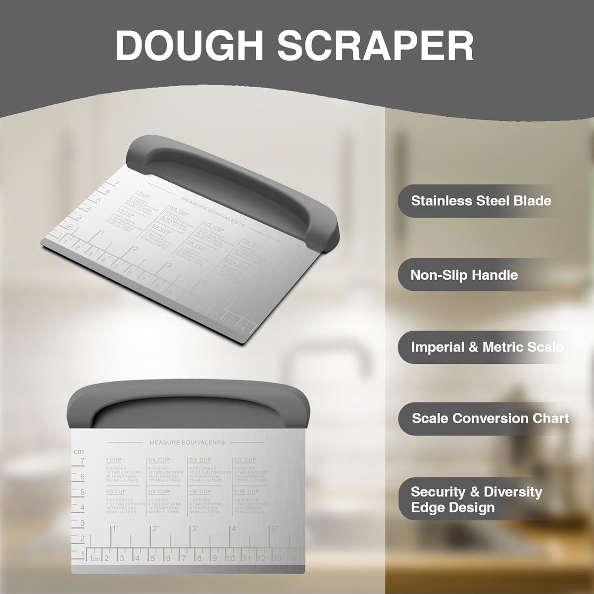 Bench Scraper Dough Cutter Tool - Pastry Scraper for Bread Cake Pizza, Bench Knife Kitchen Dough Scraper for Baking, Stainless Steel Food Scraper with Grip Handles & Measuring Scale, Grey