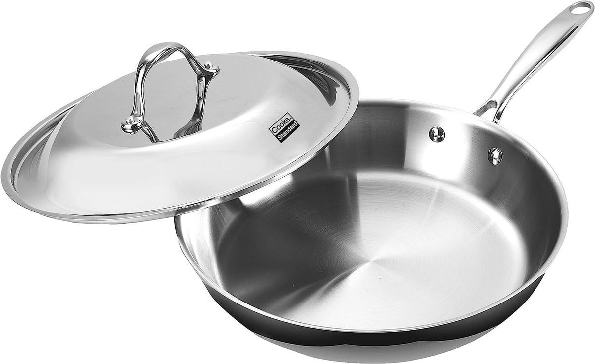 Cooks Standard Stainless Steel Frying Pan 12 Inch, Multi-Ply Full Clad Wok Stir-Fry Cooking Skillet Pans with Dome Lid, Stay-Cool Handle, Dishwasher Safe, Oven Safe 500°F, Silver