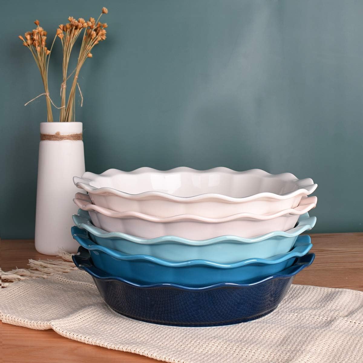 Bosmarlin Ceramic Pie Pan, 9 Inches Pie Dish, 50 oz, Pie Plate for Baking, Microwave, Oven Safe and Dishwasher safe (Cerulean blue, 9 inches)