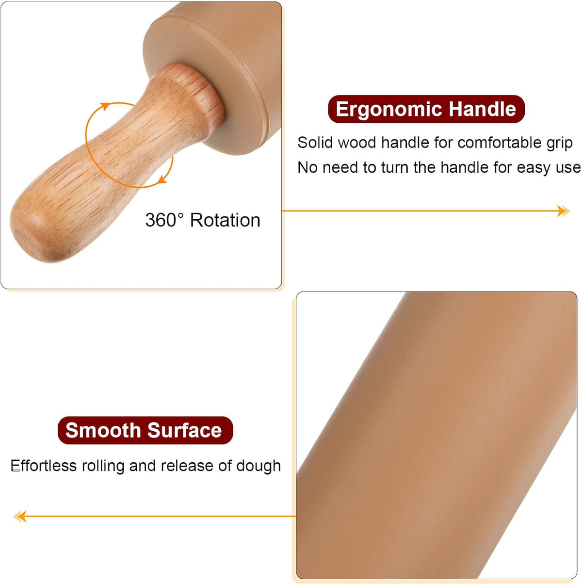 HARFINGTON Silicone Rolling Pins for Baking 9.25 Inch Non-Stick Silicone Surface Wooden Handle Rolling Pin Small Roller Playdough Rolling Pins for Fondant Kitchen Dough Pizza, Brown