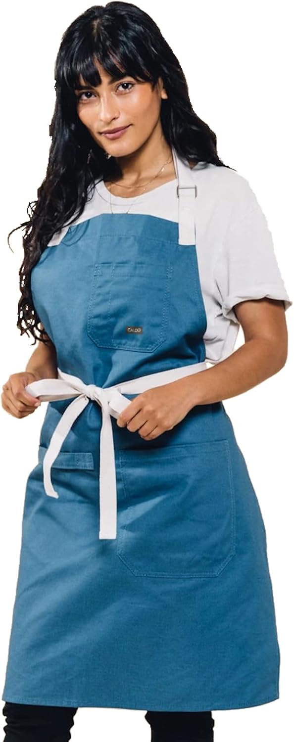 Caldo Daily Cotton Kitchen Apron for Cooking - Mens and Womens Professional Chef or Server Bib Apron - Adjustable Straps with Pockets and Towel Loop (Vintage Blue)