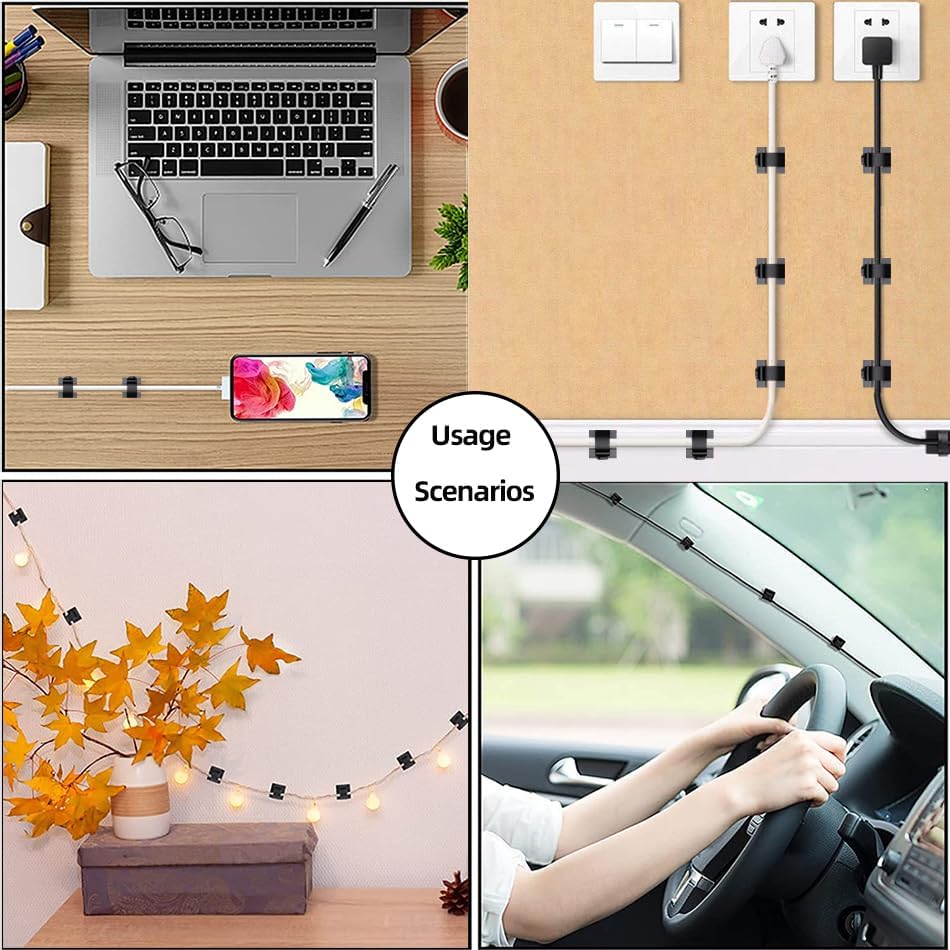 100 PCS White Adhesive Cable Clips Cord Organizer (Small, Medium,Large),Wire Holder for Cable Management, Outdoor Light Clips Light Hooks for LED String,Car Dash Cam, Extension Cord (White)