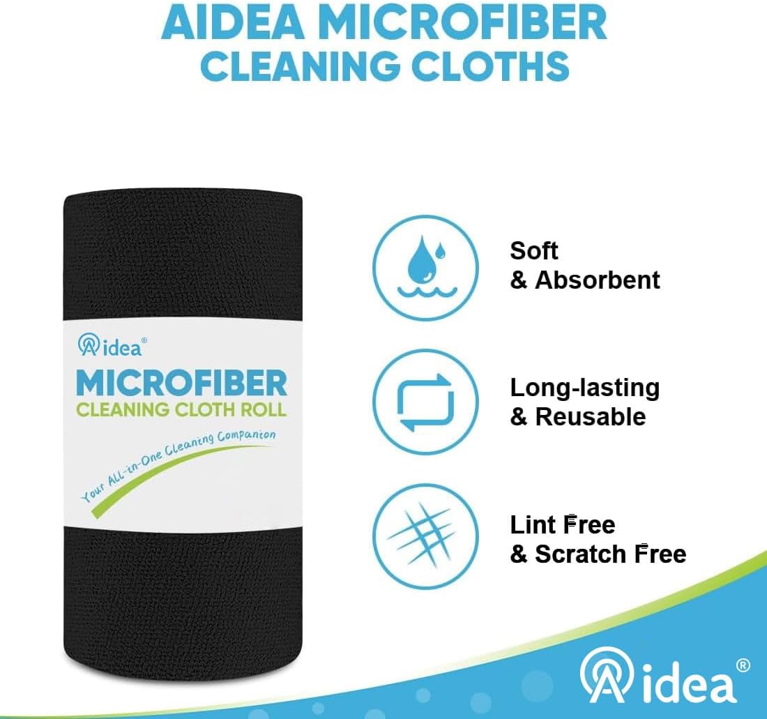 AIDEA Microfiber Cleaning Cloth Roll, 50PK, Black Microfiber Towels for Cars, Reusable Paper Towels Tear Away Cloth, Shop Rags, Lint Free Cleaning Rags for House, Kitchen, Window, 11.5"×11.5"