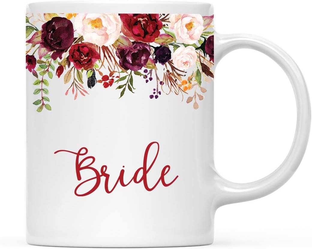 Andaz Press 11oz. Wedding Ceramic Coffee Tea Mug Gift, Fall Autumn Marsala Burgundy Flowers Roses Florals, Bride, 1-Pack, Includes Gift Box
