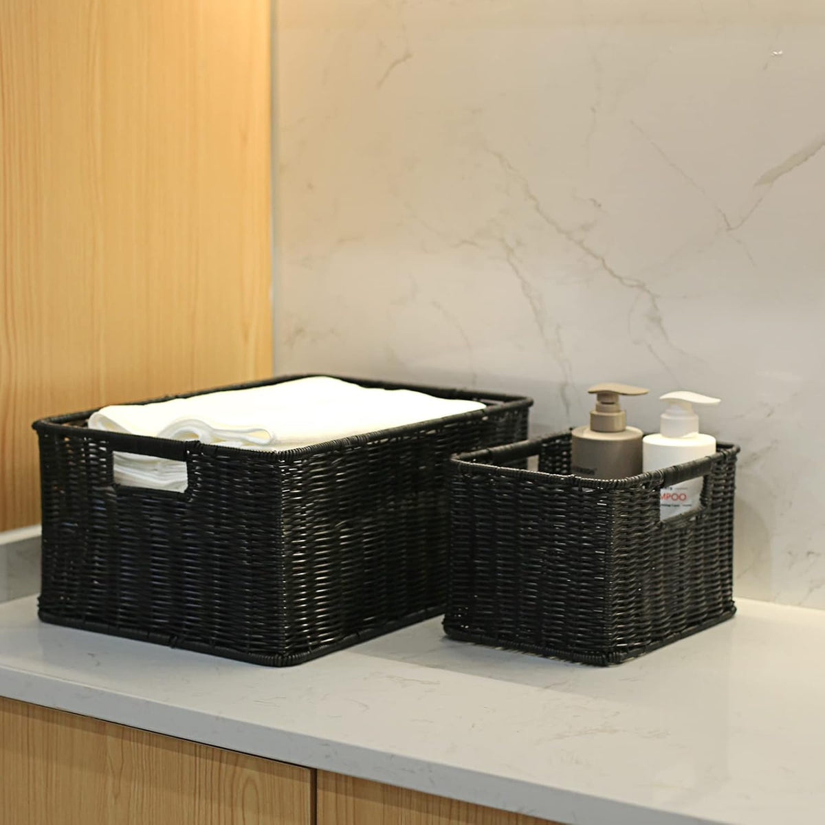 HOONEX Large Wicker Baskets for Storage, Woven Plastic With Dual Handles, Set of 3, Black