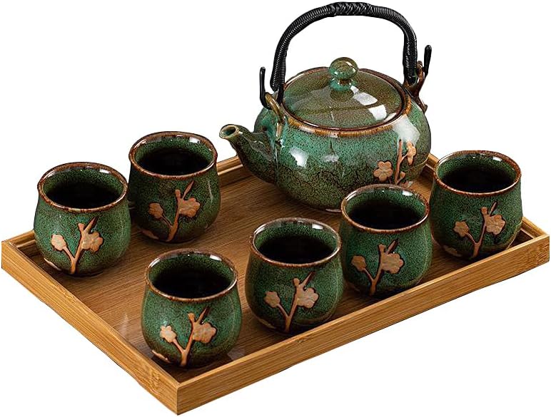 KEYDUACU Japanese Tea Set, Kiln-Formed Ceramic Tea Set, Plum Blossom Embossed, Includes 1 Teapot, 6 Teacups,Tea Tray,Strainer, Used for home, outdoor, gift, Chinese Kung Fu Tea Set(FDMH-GREEN)