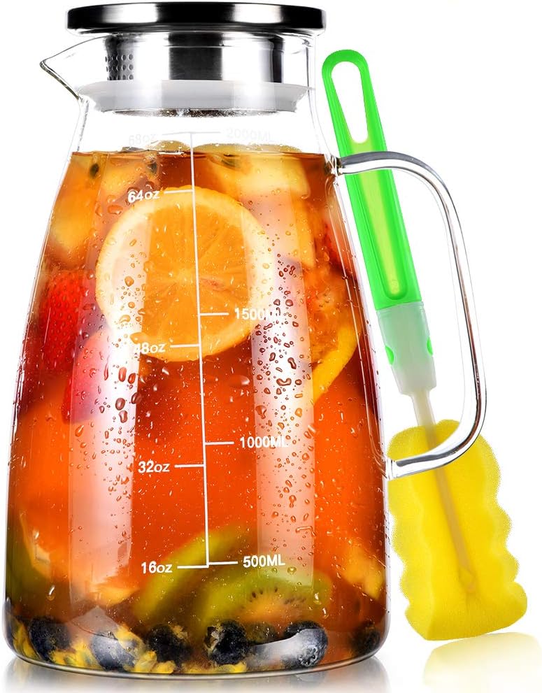 Aofmee Glass Pitcher, 68oz Water Pitcher with Lid and Precise Scale Line, 18/8 Stainless Steel Iced Tea Carafe, Easy Clean Heat Resistant Borosilicate Jug for Juice, Milk, Cold or Hot Beverages