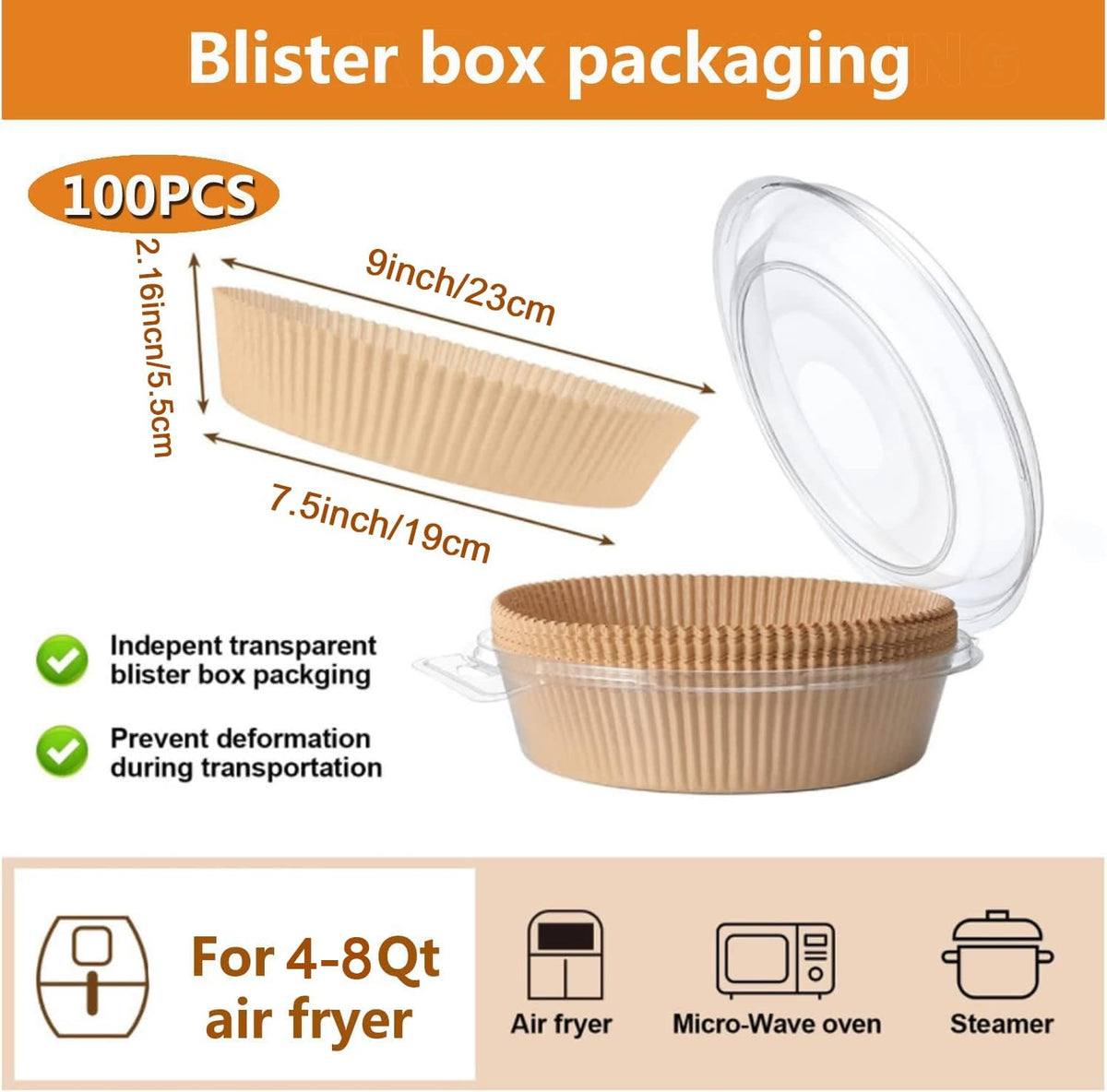 Air Fryer Liner Round,100PCS 7.9 inch to 9 inch Baking Parchment for 5 to 8Qt Air Fryer Disposable Paper Liners,Unbleached Non-stick Non-leak Airfryer Parchment Paper liner