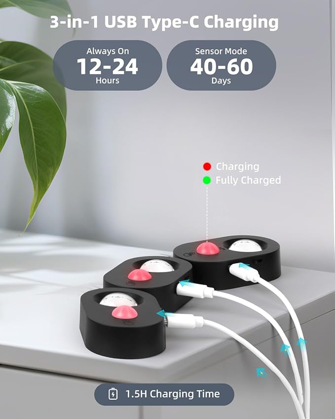 Yiliaw LED Motion Sensor Puck Lights Indoor, Small Rechargeable Under Cabinet Lighting, Dimmable Warm White Closet Lights, Stick on Wireless Night Light for Drawer, Shelf, Kitchen, Black (6 Pack)