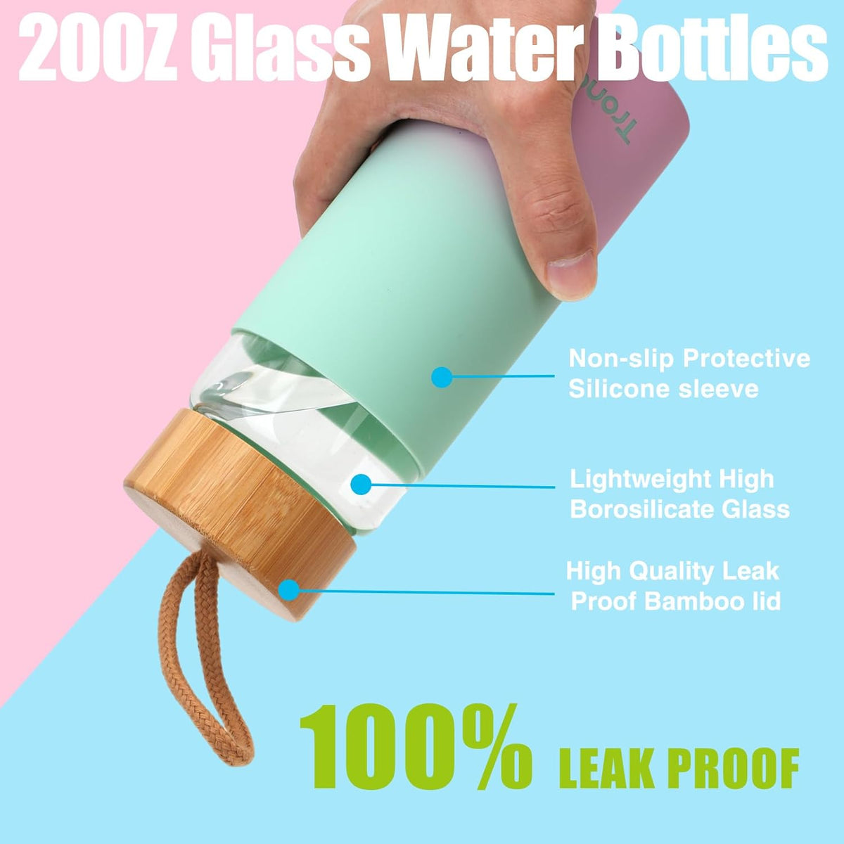 Tronco 20oz Glass Water Bottles with Bamboo Lid & Silicone Sleeve, Leak Proof, BPA Free, Reusable Borosilicate Glass Bottles for Juicing, Smoothies, Juice & Water, for Men & Women Gym, Office, Travel