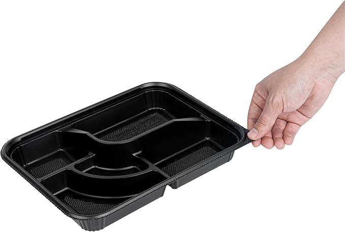 Restaurantware-Bento Tek 26.2 Ounce Meal Prep Containers, 50 Disposable To Go Food Boxes - Lids Sold Separately, 5 Compartments, Black Plastic Bento Lunch Boxes, Microwavable, Freezable