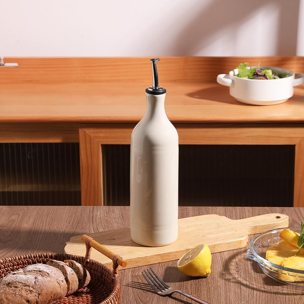 Sweejar Large Ceramic Olive Oil Dispenser Bottle, Opaque Oil Cruet Protects Oil to Reduce Oxidation, Storage Oil, Vinegar, Soy Sauce & Other Liquids, Pack of 1, 24 Fl Oz (Beige)