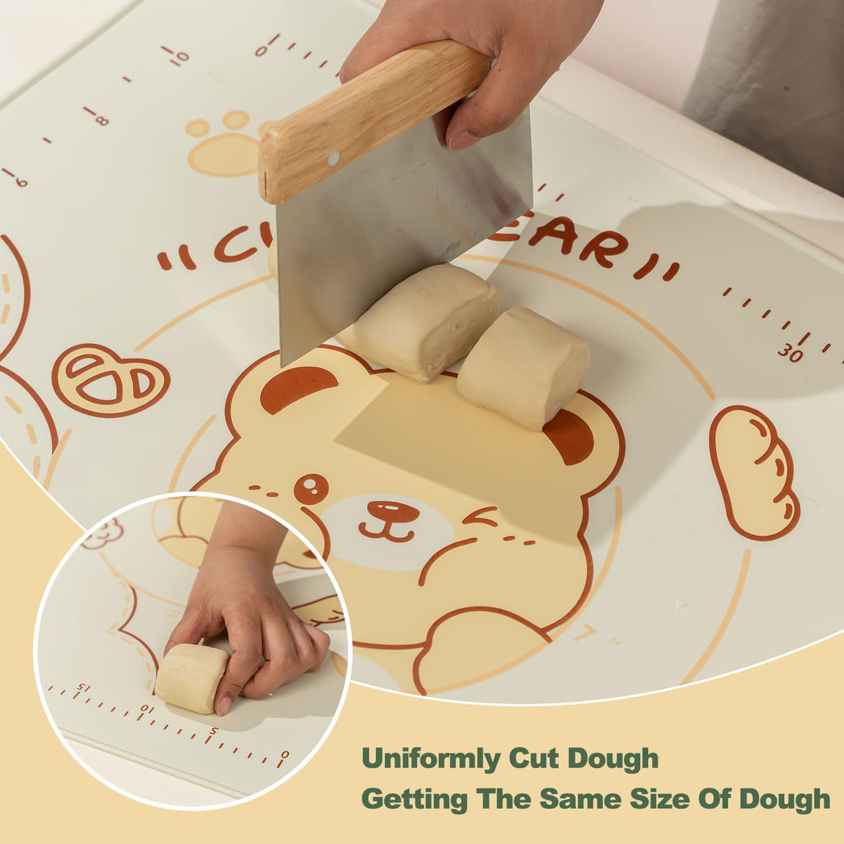 QELEG Non-Stick Silicone Baking Mat, 28'' X 20" Non Slip Pastry Mats Reusable Silicone Rolling Out Dough Mat with Measuremen and Edge Heightening Beige