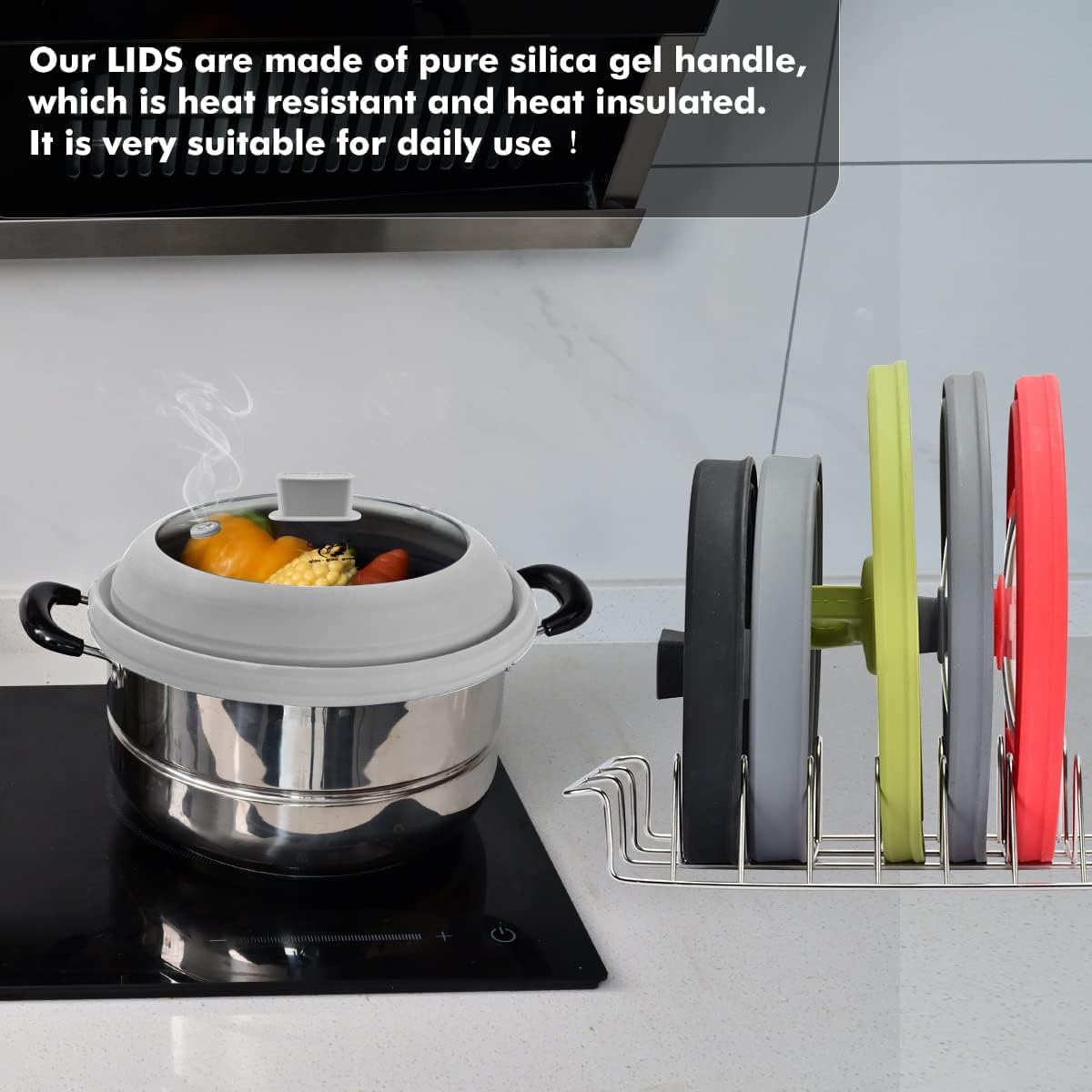 Microwave Splatter Cover Glass Cover Guard Lid with Collapsible Silicone for Food Pot Plate Cover 10.8 inch Light Grey