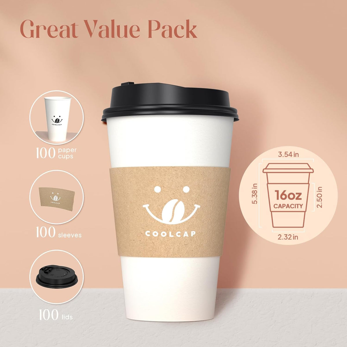 Coffee Cups with Lids and Sleeves, 16 Ounce 100 pack To Go Coffee Cups with Lids, Hot Coffee Paper Cups Bulk for Hot Beverage (16 Ounce, White)