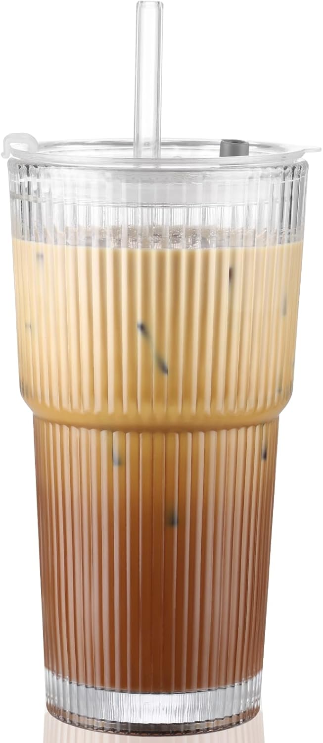 20 oz Glass Cup with Lid and Straw, Glass Tumbler with Straw and Lid, Vintage Glassware for Whiskey Cocktail Beer, Iced Coffee Cups with Lid (1 PACK)