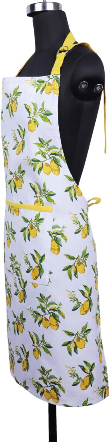 AMOUR INFINI Cotton Aprons for Women with Pockets Adjustable Strap and Waist Ties Washable Printed Aprons for Baking, Cooking, Gardening (27.5 x 33 Inches - Lemon Print)