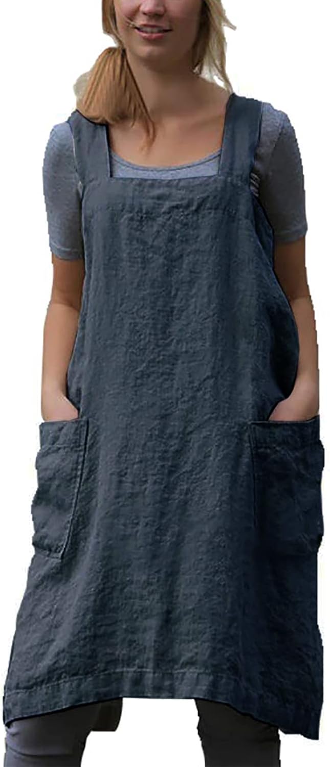 YESDOOD Cotton Linen Apron Cross Back Apron for Women with Pockets Pinafore Dress for Baking Cooking