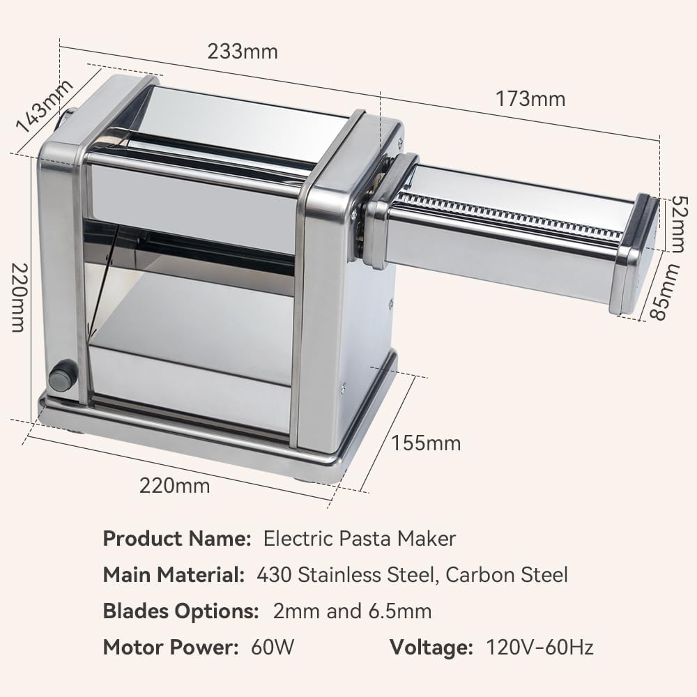 Electric Pasta Maker Stainless Steel Noodle Machine with Roller & Cutter Adjustable 7 Thickness & 2 Width for Spaghetti, Fettuccini, Lasagna, Pie Crust, Dumpling, Wonton