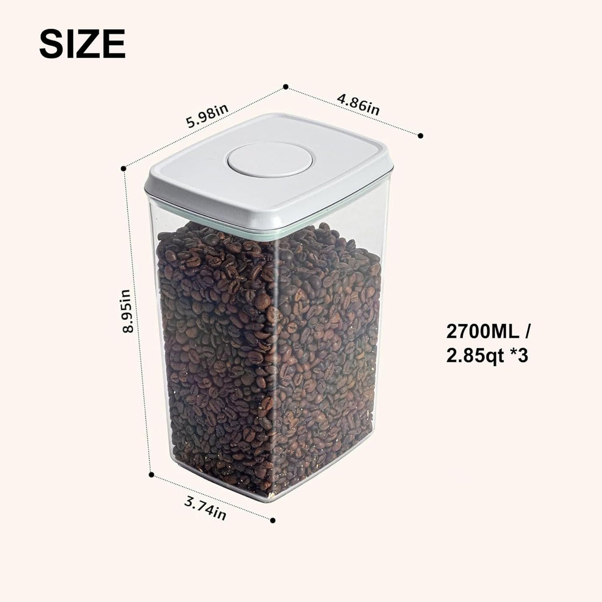 Airtight Food Storage Containers with Lids Airtight Pop Up Containers with Labels Pasta Organizer for Kitchen Pantry Cereal Snack Flour Sugar Coffee, 2700ml / 2.85qt